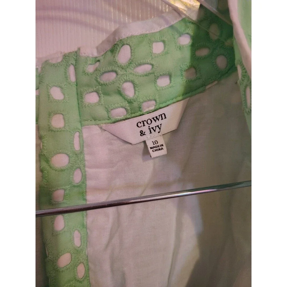 Crown & Ivy Girls 10 Green/White Eyelet Shift V-Neck Sleeveless Zip Dress